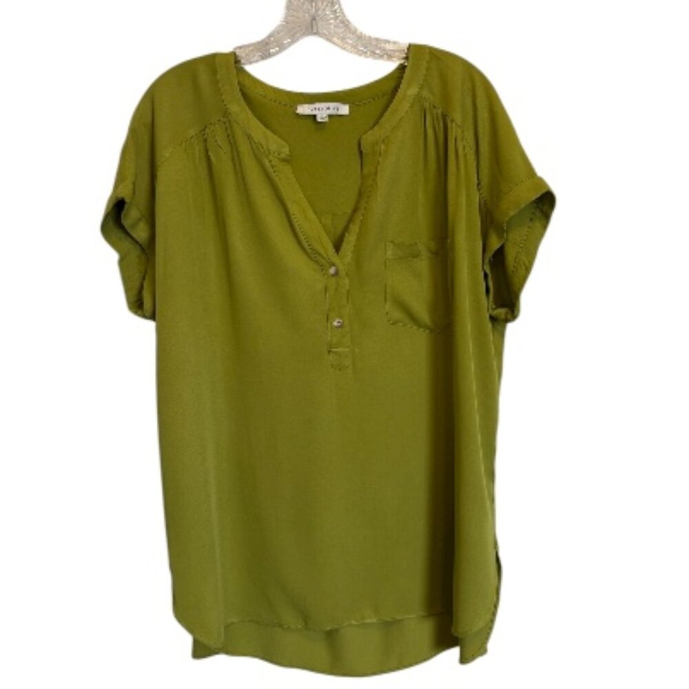 Rose + Olive V-Neck Pullover Tunic Top Blouse Women's XL Green High Low Hem